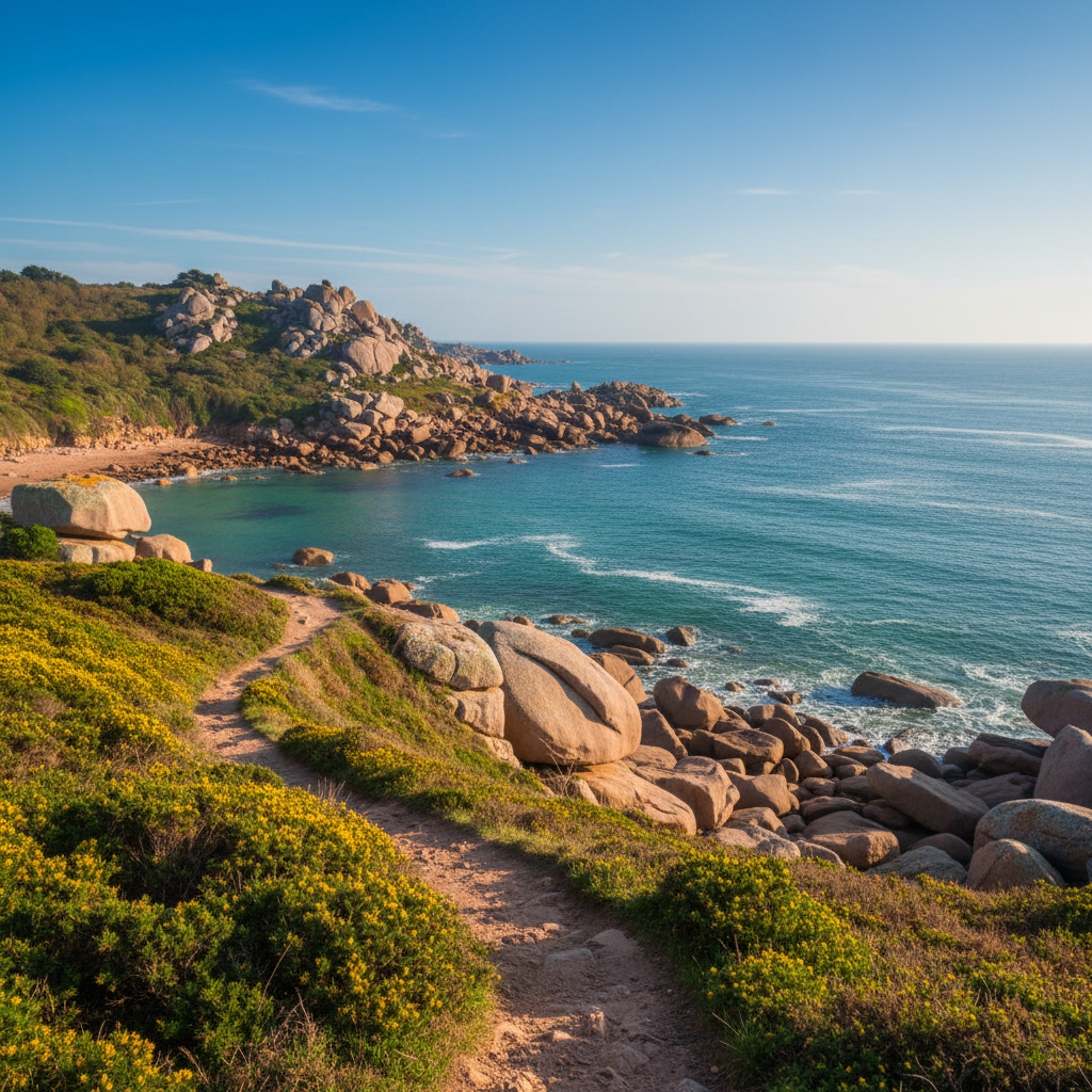 Vue panoramique du sentier des douaniers GR34 surplombant la mer émeraude et les formations de granit rose près de Trestel, en Bretagne.